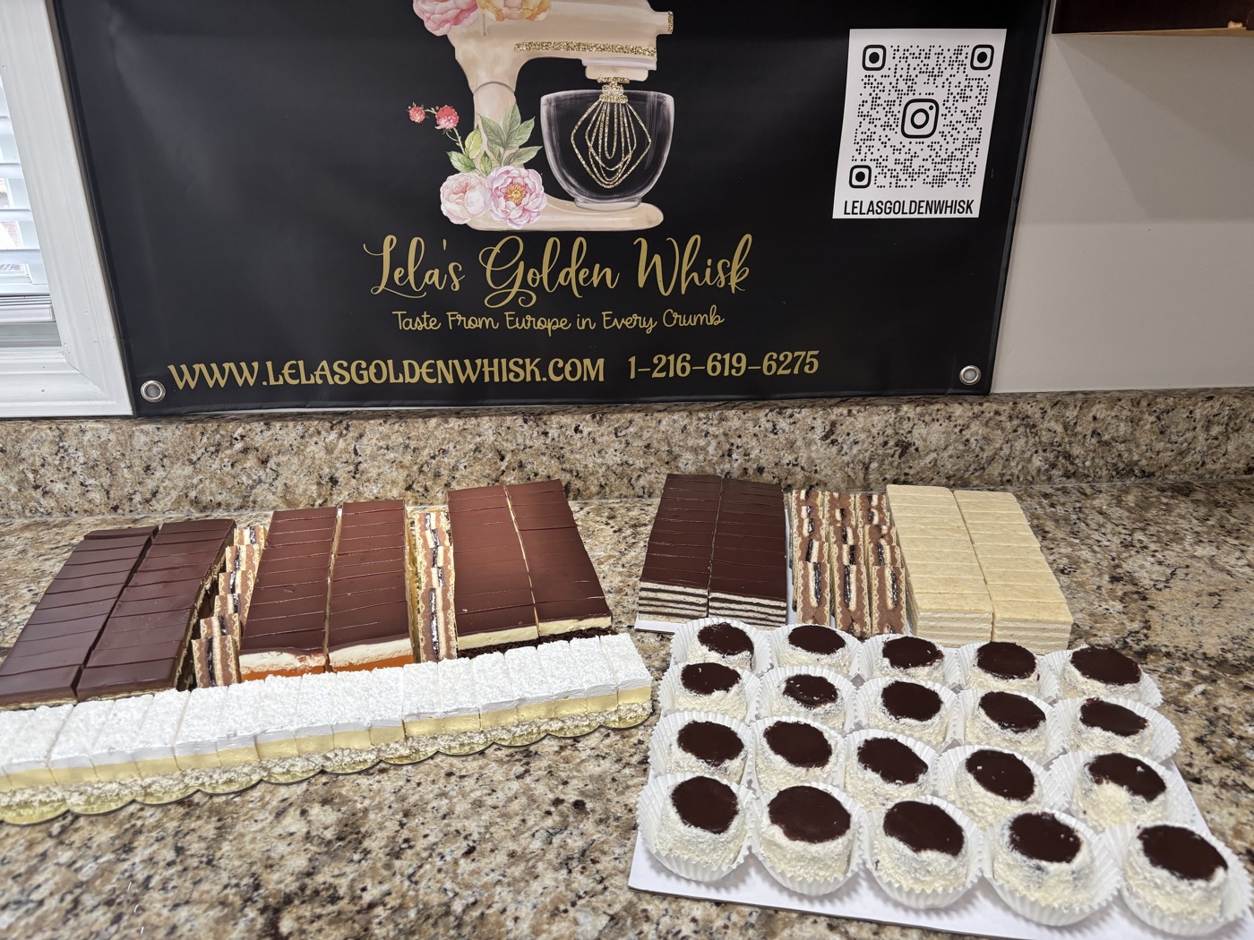 Chocolate-topped pastry bars and coconut-covered sweets