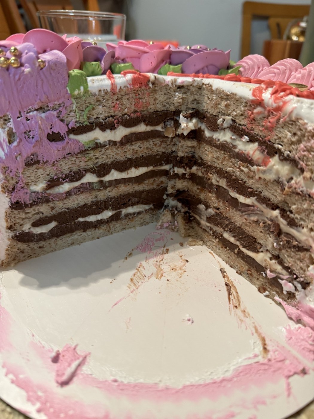 Sliced chocolate layer cake