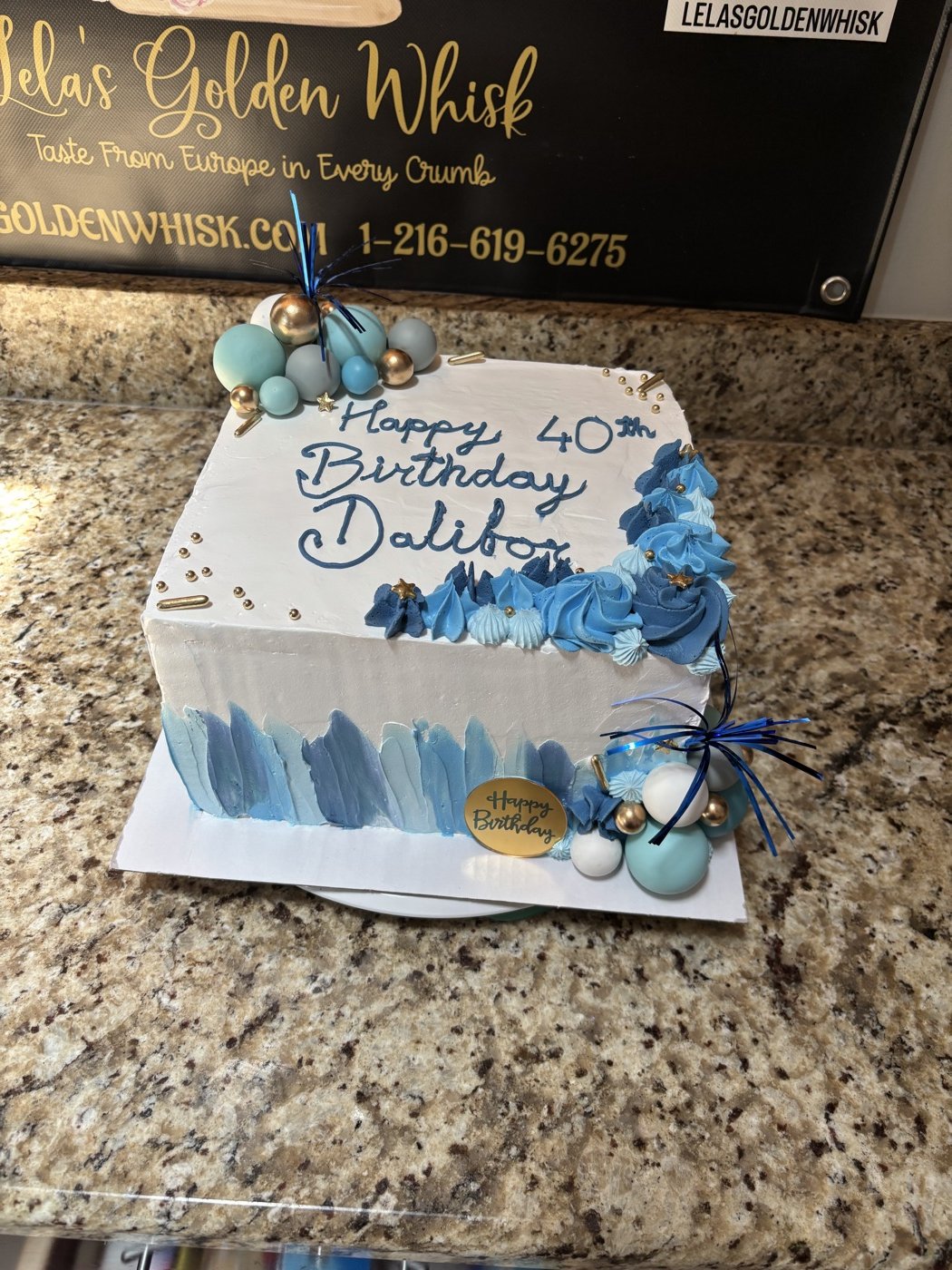 Blue and white sheet cake