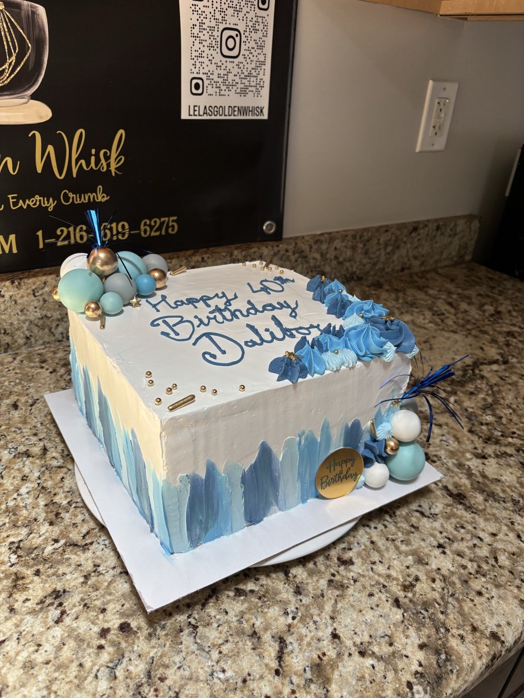 Decorated blue celebration cake