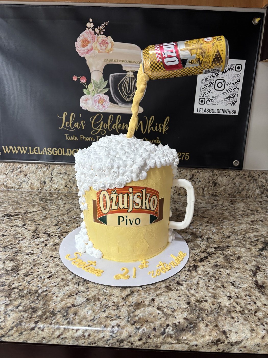 Beer-mug shaped birthday cake