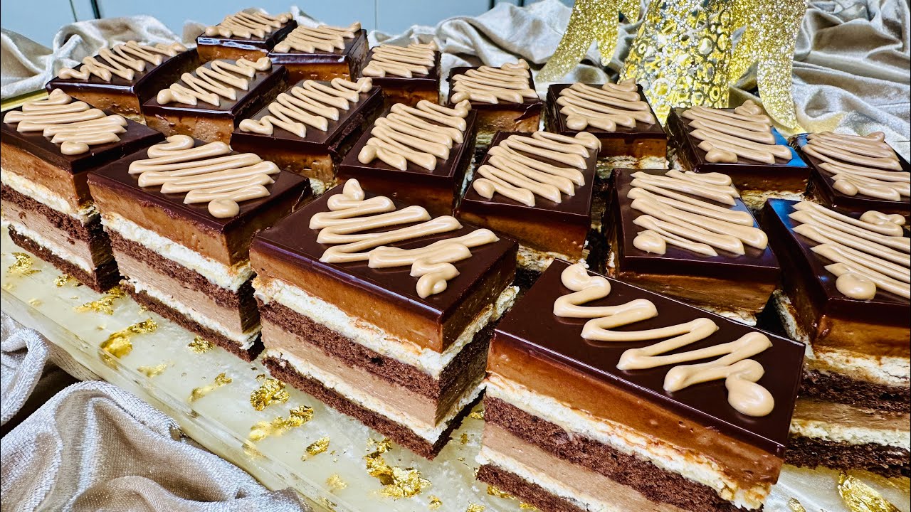 Layered nougat squares with chocolate glaze